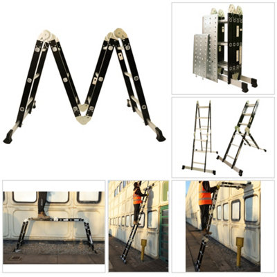 Excel Heavy Duty 12 Tread Steel Multi Purpose Combination Ladder Black with Platform