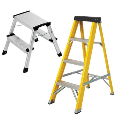 Excel Heavy Duty Fibreglass 3 Tread Ladder with 2 Step Hop Up Ladder