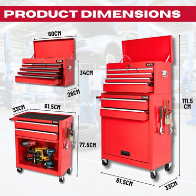Excel Roller Tool Chest Cabinet 8 Drawers Storage Toolbox Red