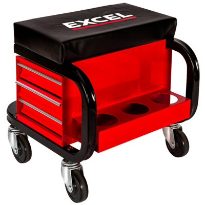 Excel Rolling Utility Seat with Padded Work Stool, 3 Storage Drawers ...