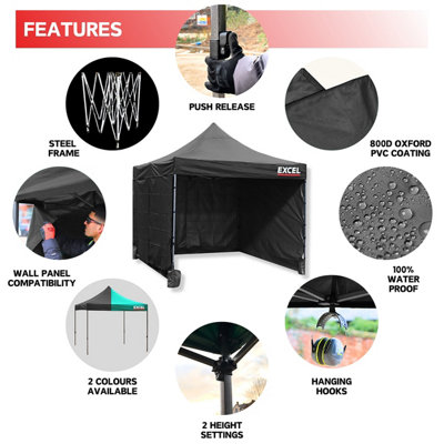 Excel Steel Gazebo 3m x 3m Black with Wheel Bag, Wall panel, Sand Bag, Rope & Pegs