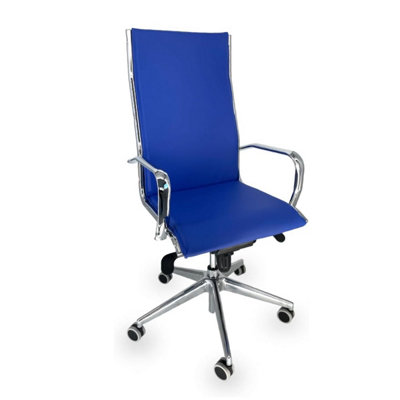 Executive Office Chair in Blue Faux Leather with Chromed Steel Armrests and Rubber Castors, 70 x 70 x 120 cm OFF LINE model VISTA