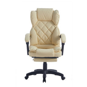 Executive  Swivel Cream Office Chair PU Leather Computer Desk Chair With Footrest