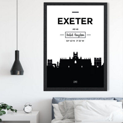 Exeter Black and White City Skyline Framed Print SIZE: A2 with Black Frame
