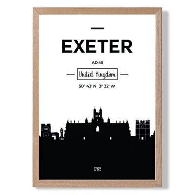 Exeter Black and White City Skyline Framed Print SIZE: A2 with Oak Frame