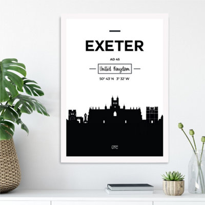 Exeter Black and White City Skyline Framed Print SIZE: A3 with White Frame