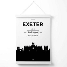 Exeter Black and White City Skyline Poster with Hanger / 33cm / White
