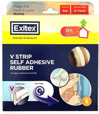 Exitex V Strip Self-Adhesive Rubber Seal (5m Roll), Draught Excluder ...