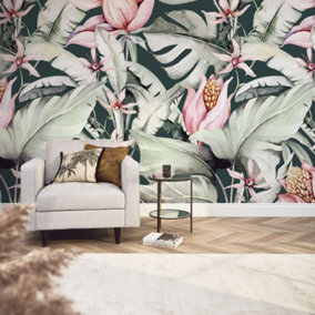 Exotic Flowers Mural In Charcoal and Green And Pink (350cm x 240cm)