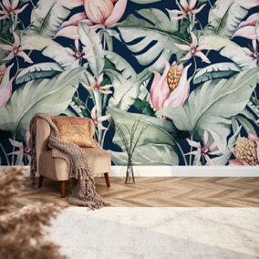 Exotic Flowers Mural In Navy and Green And Pink (300cm x 240cm)