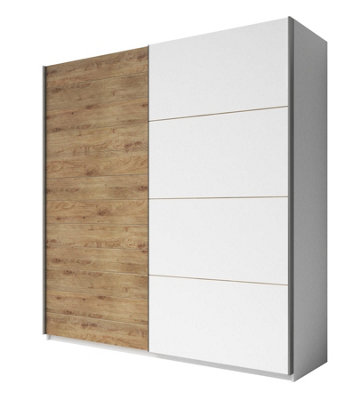 Expansive Oak Beaufort and White Matt Sliding Wardrobe with Elegant Storage - H2100mm W2700mm D610mm