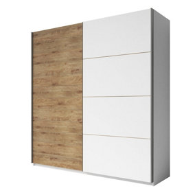 Expansive Oak Beaufort and White Matt Sliding Wardrobe with Elegant Storage - H2100mm W2700mm D610mm