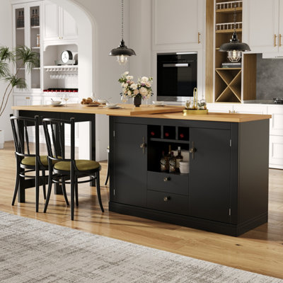 Extendable Black 360-degree Rotating Bar Table with Wine Rack & Storage Cabinet, Kitchen Island / Dining Bar - MDF