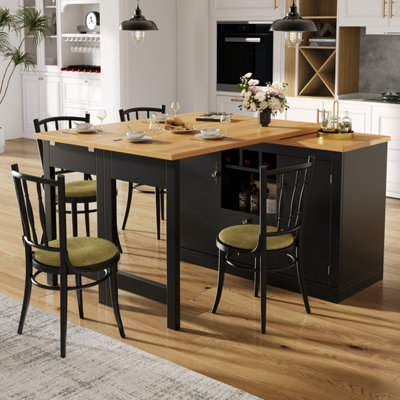 Extendable Black 360-degree Rotating Bar Table with Wine Rack & Storage Cabinet, Kitchen Island / Dining Bar - MDF