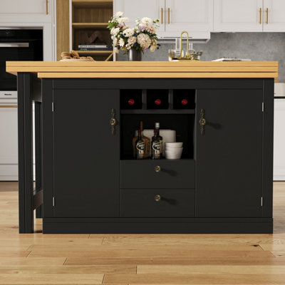 Extendable Black 360-degree Rotating Bar Table with Wine Rack & Storage Cabinet, Kitchen Island / Dining Bar - MDF