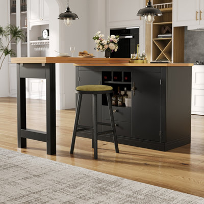 Extendable Black 360-degree Rotating Bar Table with Wine Rack & Storage Cabinet, Kitchen Island / Dining Bar - MDF