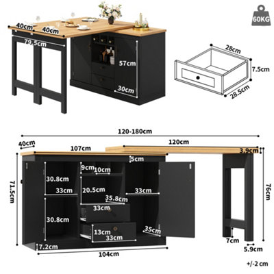 Extendable Black 360-degree Rotating Bar Table with Wine Rack & Storage Cabinet, Kitchen Island / Dining Bar - MDF