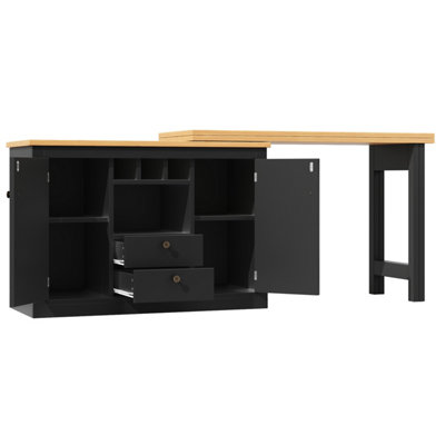 Extendable Black 360-degree Rotating Bar Table with Wine Rack & Storage Cabinet, Kitchen Island / Dining Bar - MDF