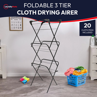 Extendable Clothes Airer with 20 Pegs 3 Tier Foldable Laundry Rack 12m ...