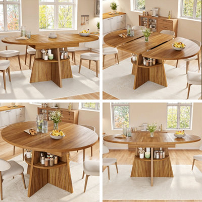 Extendable Dark Brown Dining Table, Round to Oval (110-150cm), Seats 4-8, Space-Saving with Storage