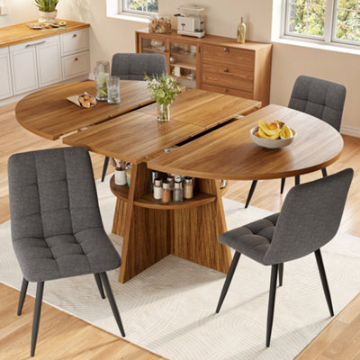 Extendable Dark Brown Dining Table, Round to Oval (110-150cm), Seats 4-8, Space-Saving with Storage