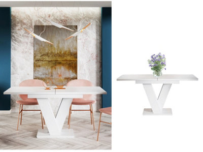 Extendable Dining Kitchen Table White Matt Extending 120-160cm V Leg 6 8 Seater Masy