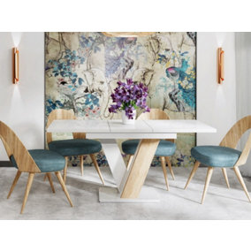 Extendable Dining Table Rectangular 120-160cm V Leg White Gloss Sonoma Oak Masy