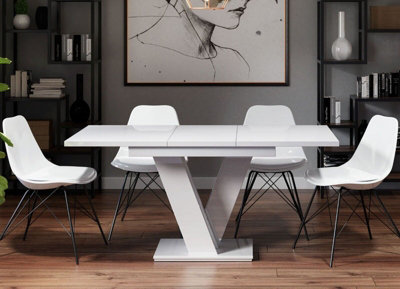 Extendable Dining Table White High Gloss Kitchen Table 120-160cm V Leg Seats 6 8 MASY