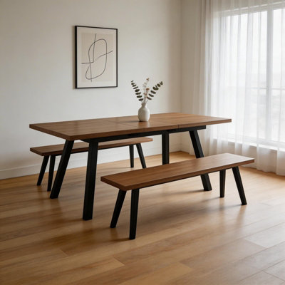 Extendable Dining Table with 2 Benches, 3 Piece Kitchen Dining Set