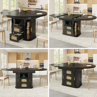 Extendable Dining Table with Rattan Storage Drawers - Wood Look & Black