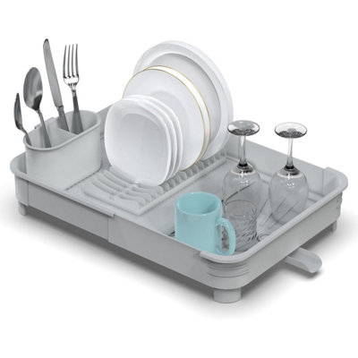 Extendable Dish Drainer Rack Foldable Removable Cutlery Holder Adjustable Drainage Spout - Light Grey