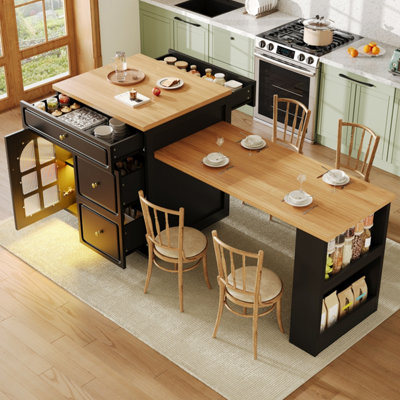 Extendable Kitchen Island & Bar Table with LED Lighting and Storage ...