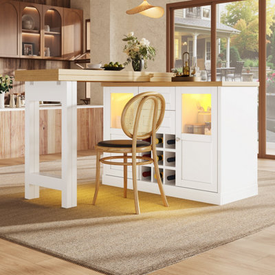 Extendable Kitchen Island & Dining Table with LED Lights, White Wood ...