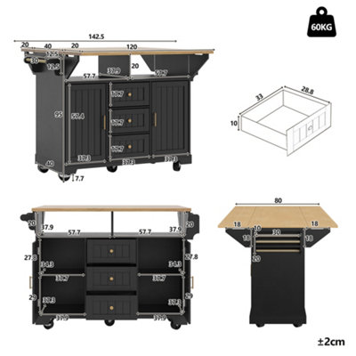 Extendable Kitchen Island with Fold-Out Worktop, Storage, Casters ...