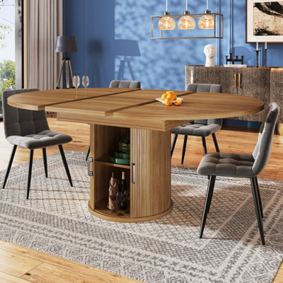 Extendable Round to Oval Dining Table with Integrated Storage - Walnut & Black Finish, 118-158cm, Seats 6
