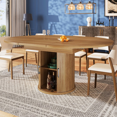 Extendable Round to Oval Dining Table with Integrated Storage - Walnut & Black Finish, 118-158cm, Seats 6