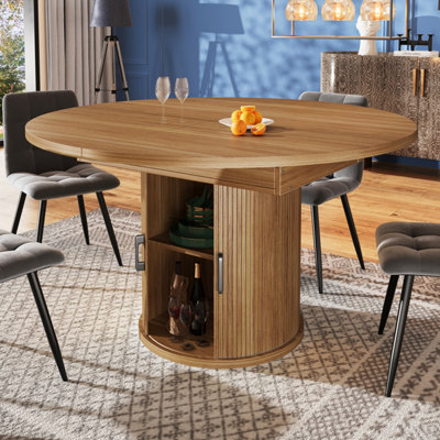 Extendable Round to Oval Dining Table with Integrated Storage - Walnut & Black Finish, 118-158cm, Seats 6