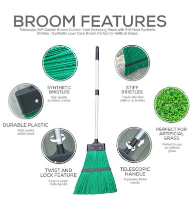 Extendable Telescopic Garden Broom with Hard Bristle Rake Sweeping Brush - 1