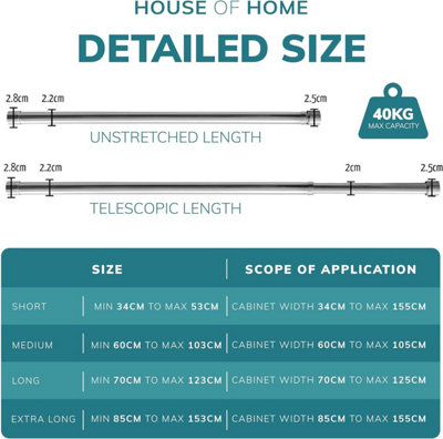 Extendable Wardrobe Pole 34-53CM Adjustable Rail Hanger Steel Heavy Duty Easy Assemble - 4