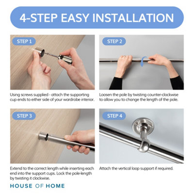 Extendable Wardrobe Pole 34-53CM Adjustable Rail Hanger Steel Heavy Duty Easy Assemble - 6