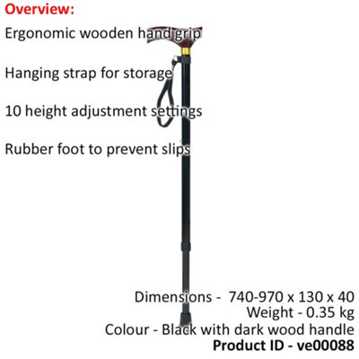 Extending Walking Stick with Ergonomic Wooden Handle - 10 Height Settings