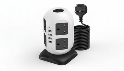Extension 8 Way Tower Power Lead + 4 USB Multi Socket Surge Protected ...