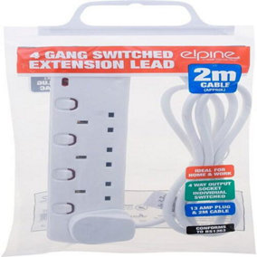 Extension Lead Cord Uk Cable Electric Mains Power4 Gang 2M Switched