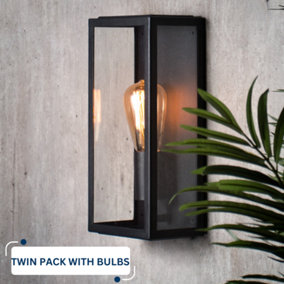 Exterior Lighting Box Lantern Wall Light: Black: Twin Pack & 2x Bulbs