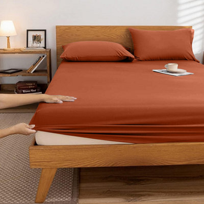 Extra Deep Fitted Sheets 40cm Rust/Orange Elastic Bed Sheet Single and Super King Size Easy Care Washable