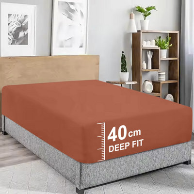 Extra Deep Fitted Sheets 40cm Rust/Orange Elastic Bed Sheet Single and Super King Size Easy Care Washable