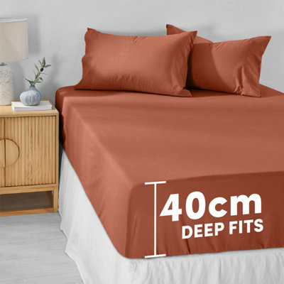 Extra Deep Fitted Sheets 40cm Rust/Orange Elastic Bed Sheet Single and Super King Size Easy Care Washable