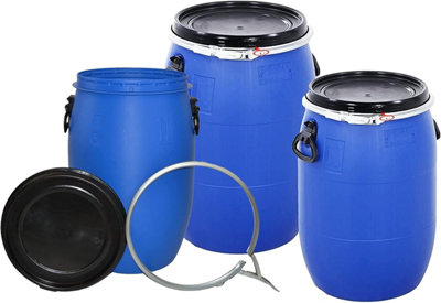 Extra Large 220 Litre Plastic Blue Open Top Storage Barrel Drum Keg with Lid & Latch Ring
