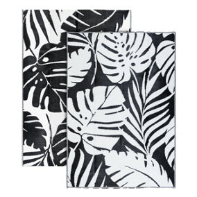 Extra Large Garden Outdoor Rug For Patio, Black & White Tropical Leaf Waterproof Garden Rug 180 x 270cm