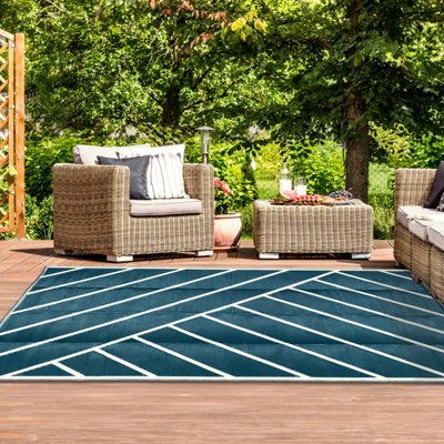 Extra Large Garden Outdoor Rug For Patio, Dark Blue & Cream Line Pattern Waterproof Garden Rug 180 x 270cm